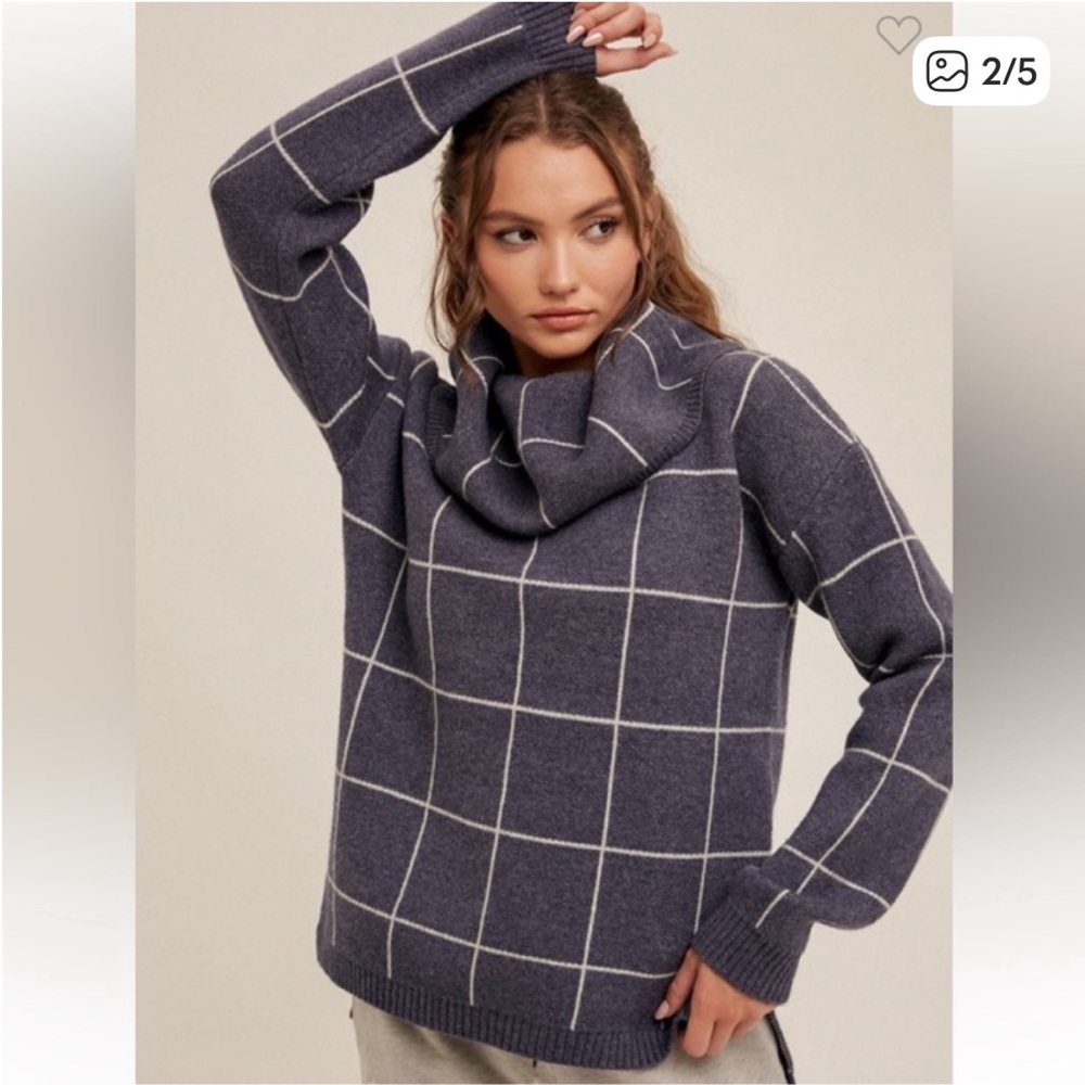Hem & Thread Cowl Neck Windowpane Sweater
